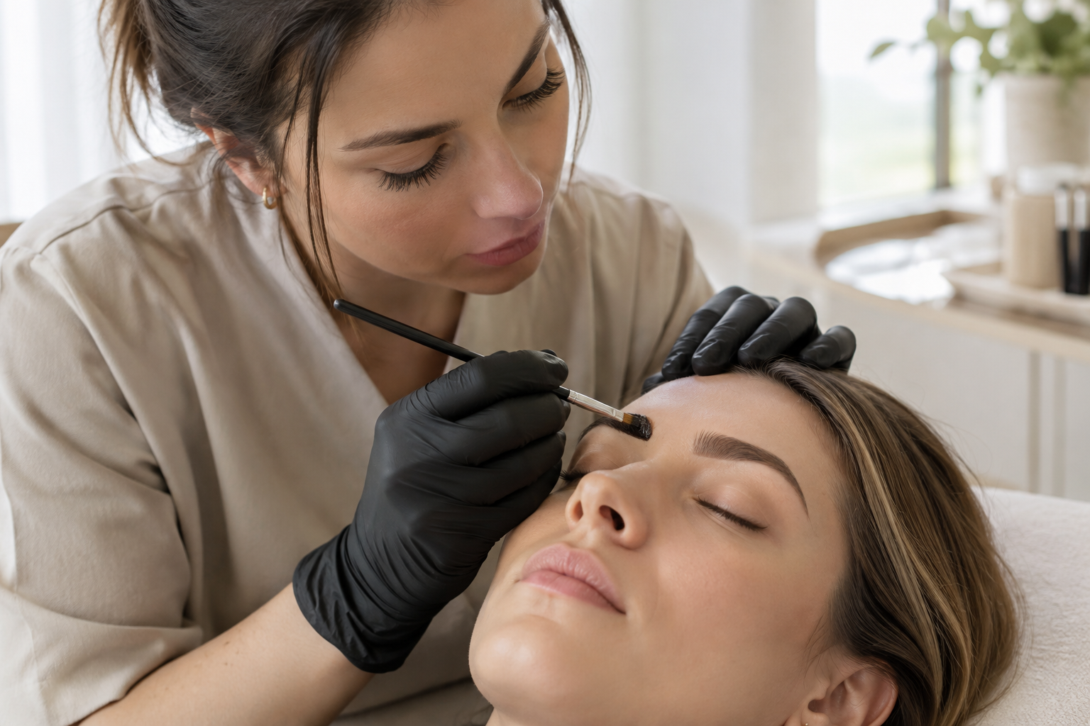 Technician applying brow tint