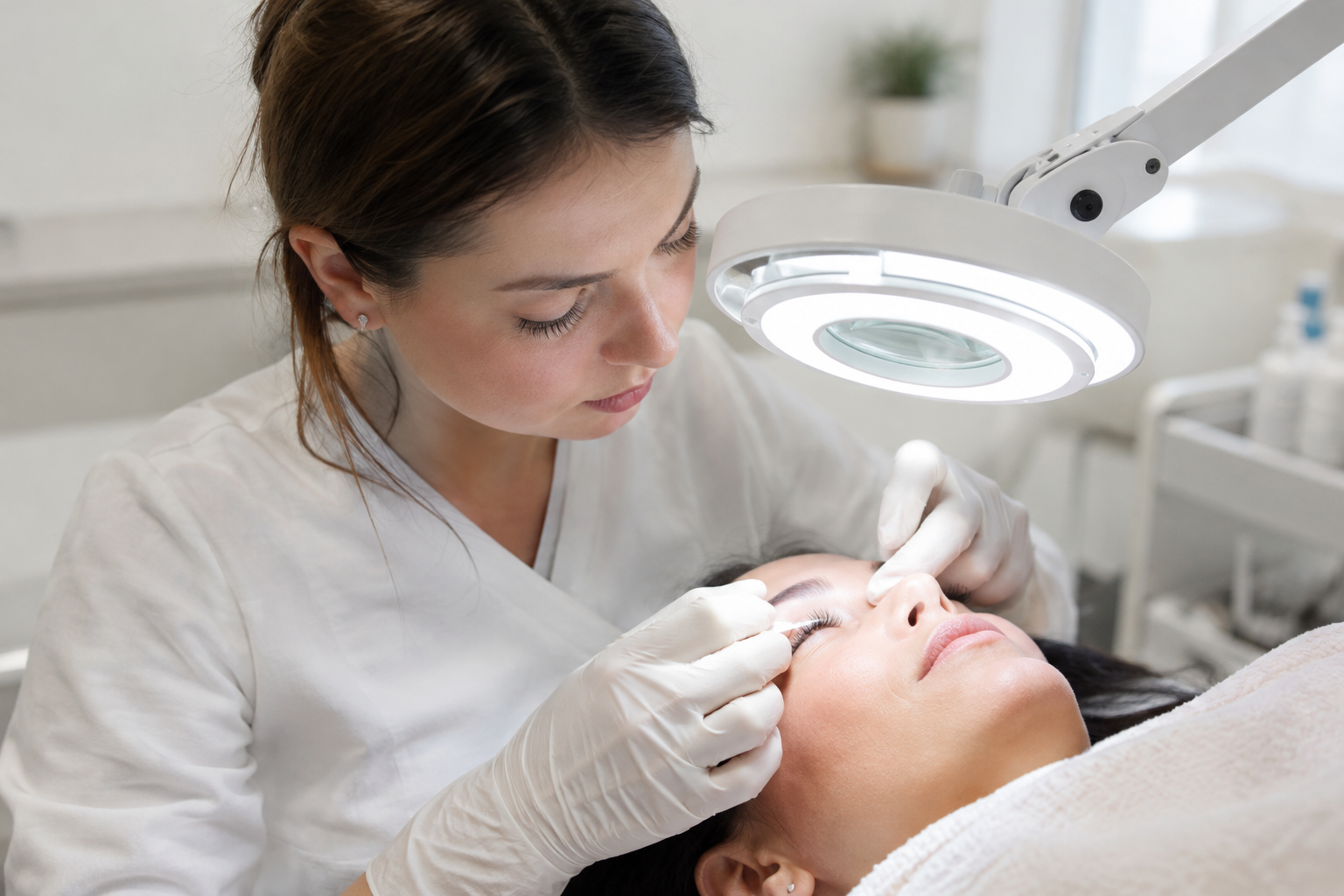 Technician examining natural lashes