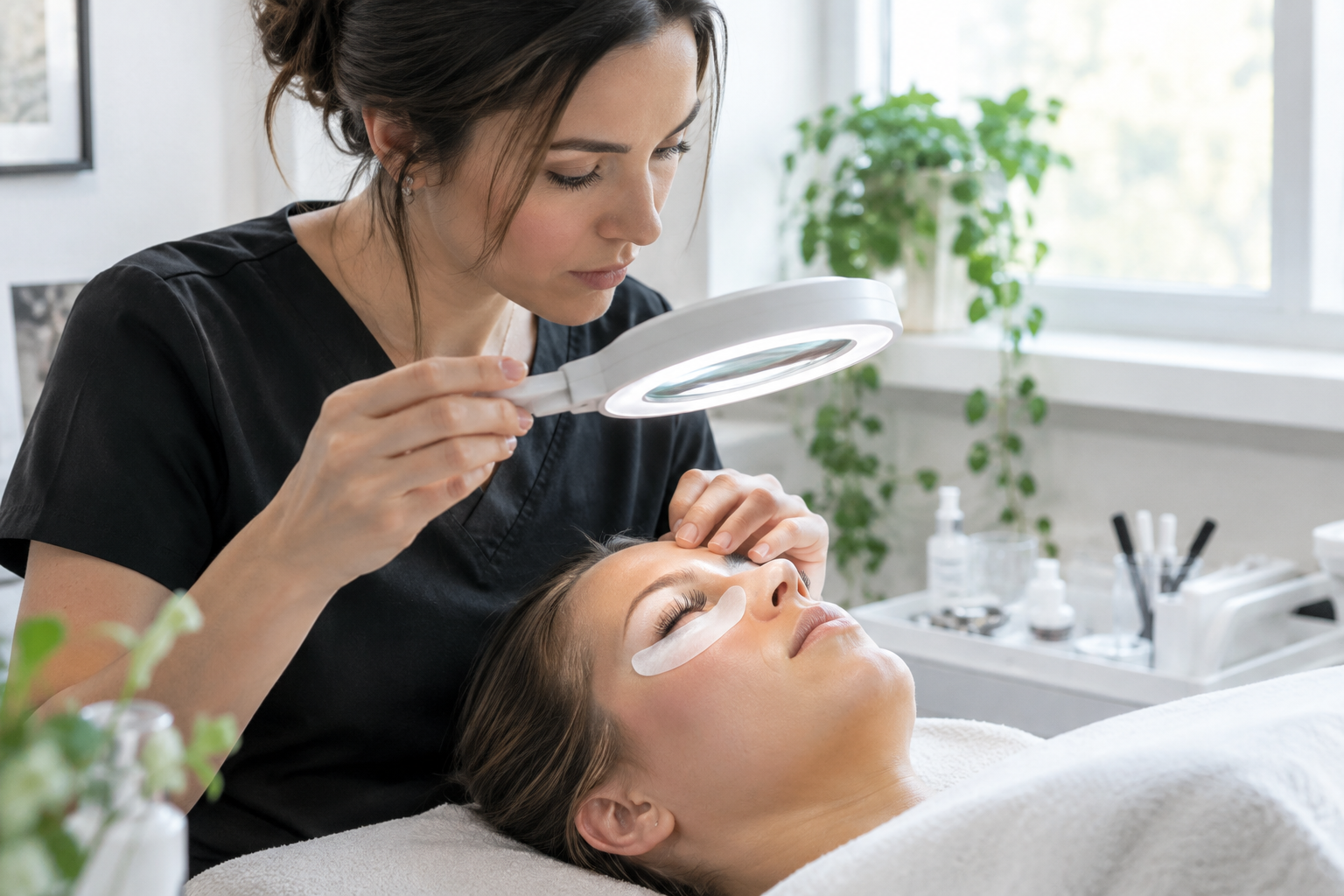 Technician checking lifted lashes closely