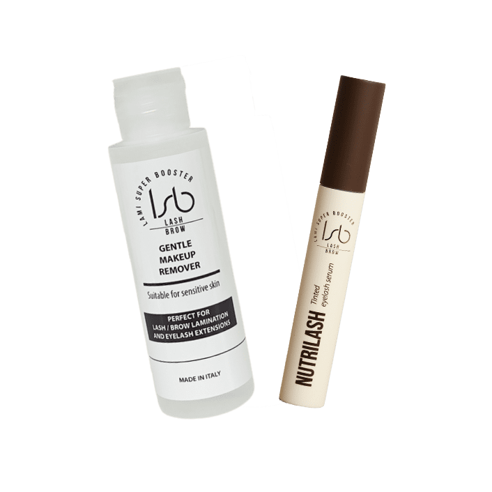 This Lash Lift aftercare kit contains Lami Super Booster gentle makeup remover and Nutrilash nourishing eyelash serum. Suitable for eyelash extensions.